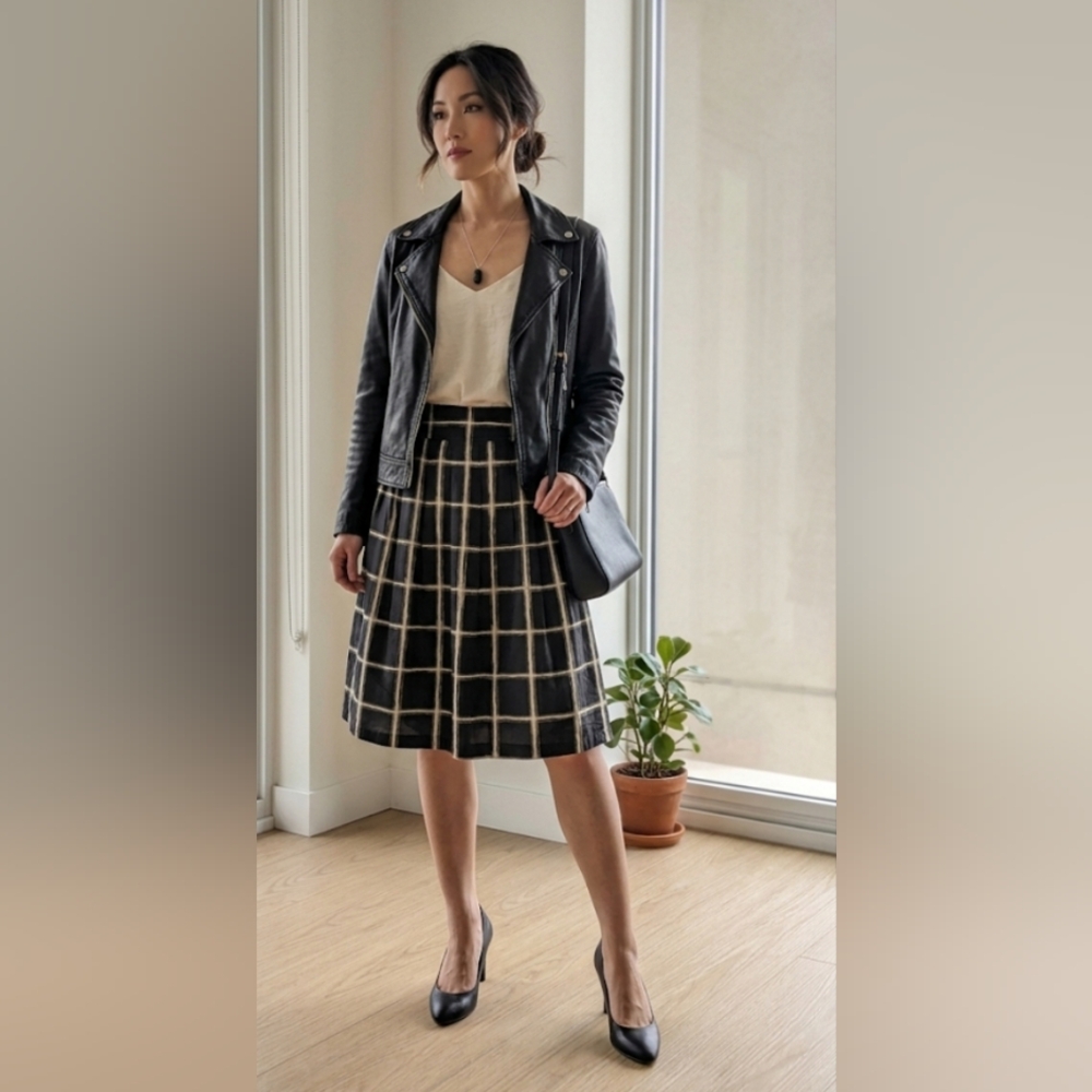 MICHAEL Michael Kors Black Windowpane A-Line Midi Skirt with Cream Grid